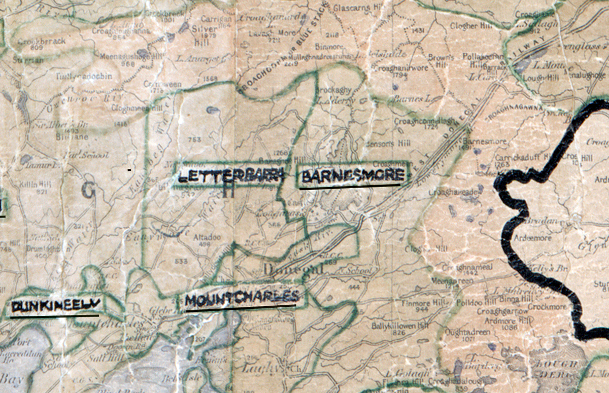 A scanned, worn historical map from the 1940s of the  rural electrification area around Barnesmore. A  hand‑drawn boundary outlines the region.