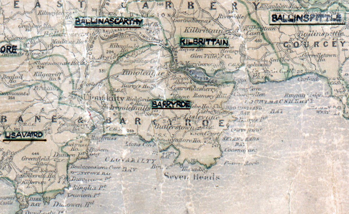 A scanned, worn historical map from the 1940s of the  rural electrification area around Barryroe. A hand‑drawn boundary outlines the region, including Ballinascarthy, Usavaird, Kilbrittain and Ballinspittle.