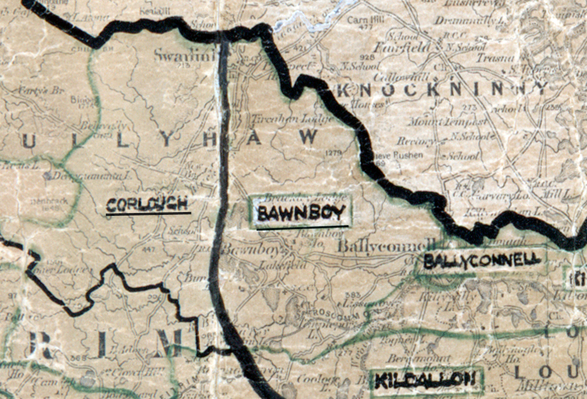 A scanned, worn historical map from the 1940s of the  rural electrification area around Bawnboy. A  hand‑drawn boundary outlines the region.