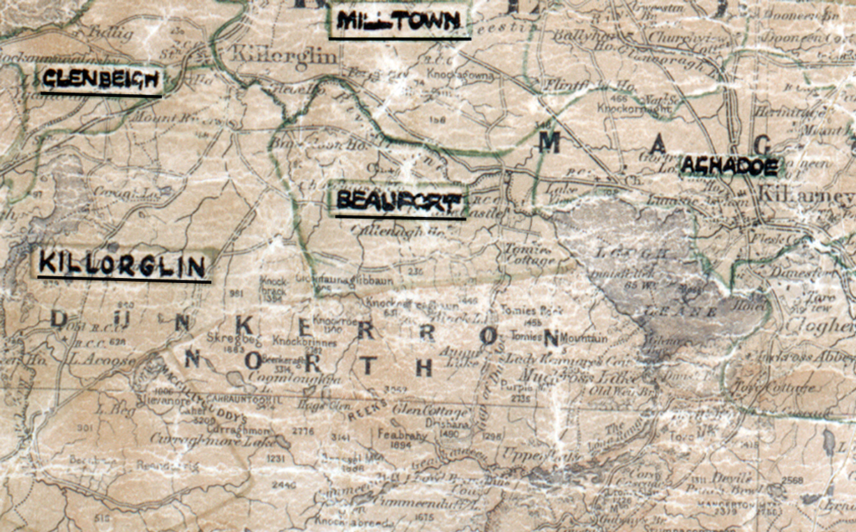 A scanned, worn historical map from the 1940s of the  rural electrification area around Beaufort. A hand‑drawn boundary outlines the region, including Milltown, Glenbeigh, Aghadoe and Killorglin.
