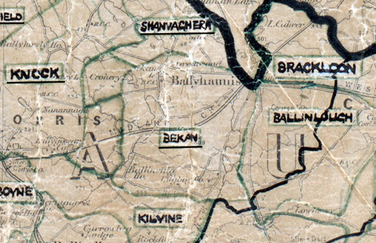 A scanned, worn historical map from the 1940s of the rural electrification area around Bekan. A hand‑drawn boundary outlines the region, including Brackloon and Knook.