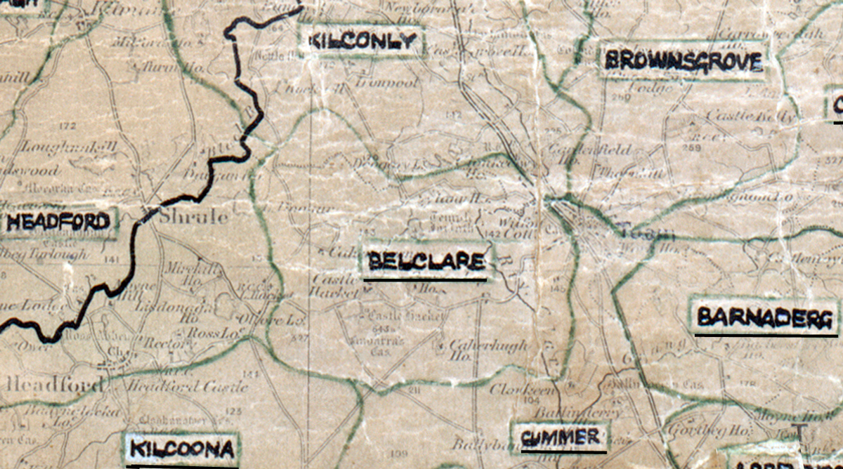 A scanned, worn historical map from the 1940s of the  rural electrification area around Belclare. A  hand‑drawn boundary outlines the region.