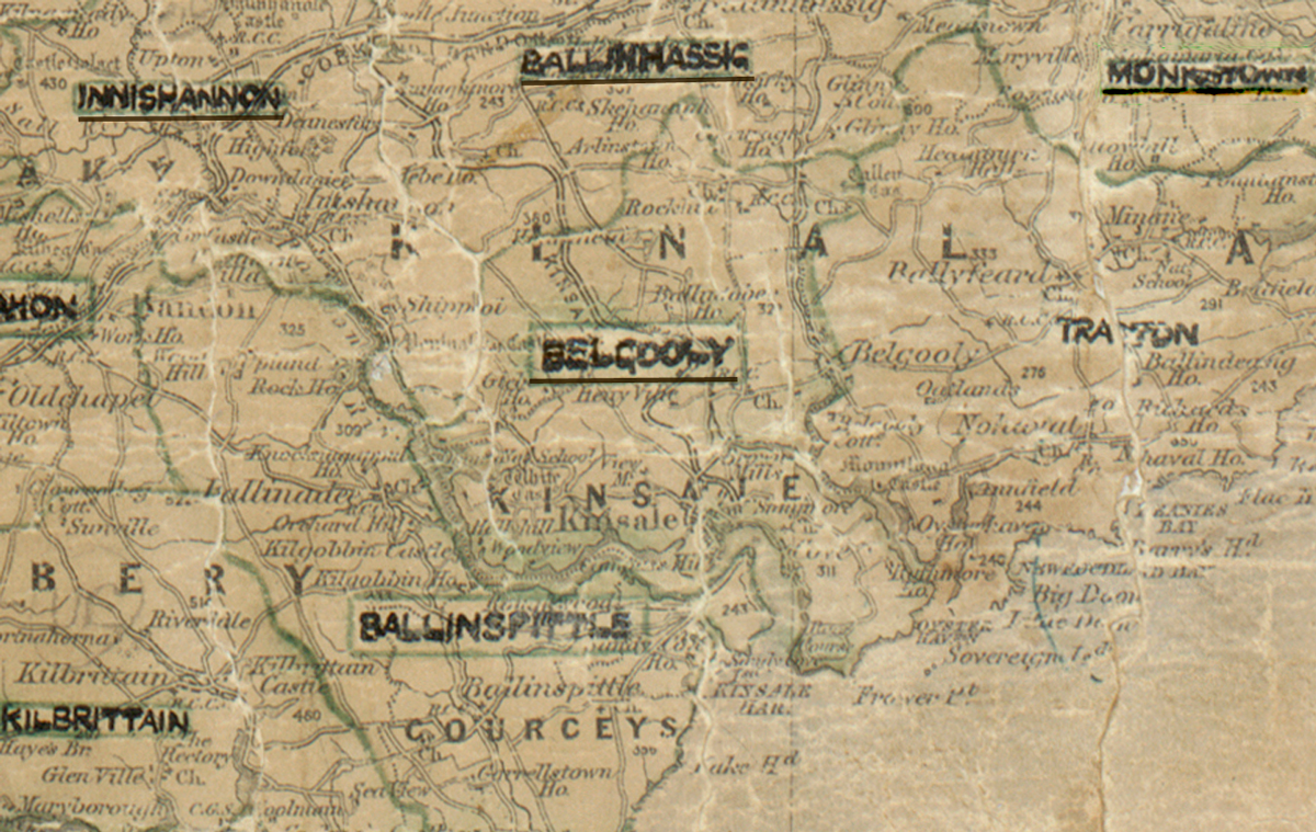 A scanned, worn historical map from the 1940s of the  rural electrification area around Belgooly. A hand‑drawn boundary outlines the region, including Ballinhassig, Innishannon, Monkstown, Kilbrittain, Tracton and Ballinspittle.