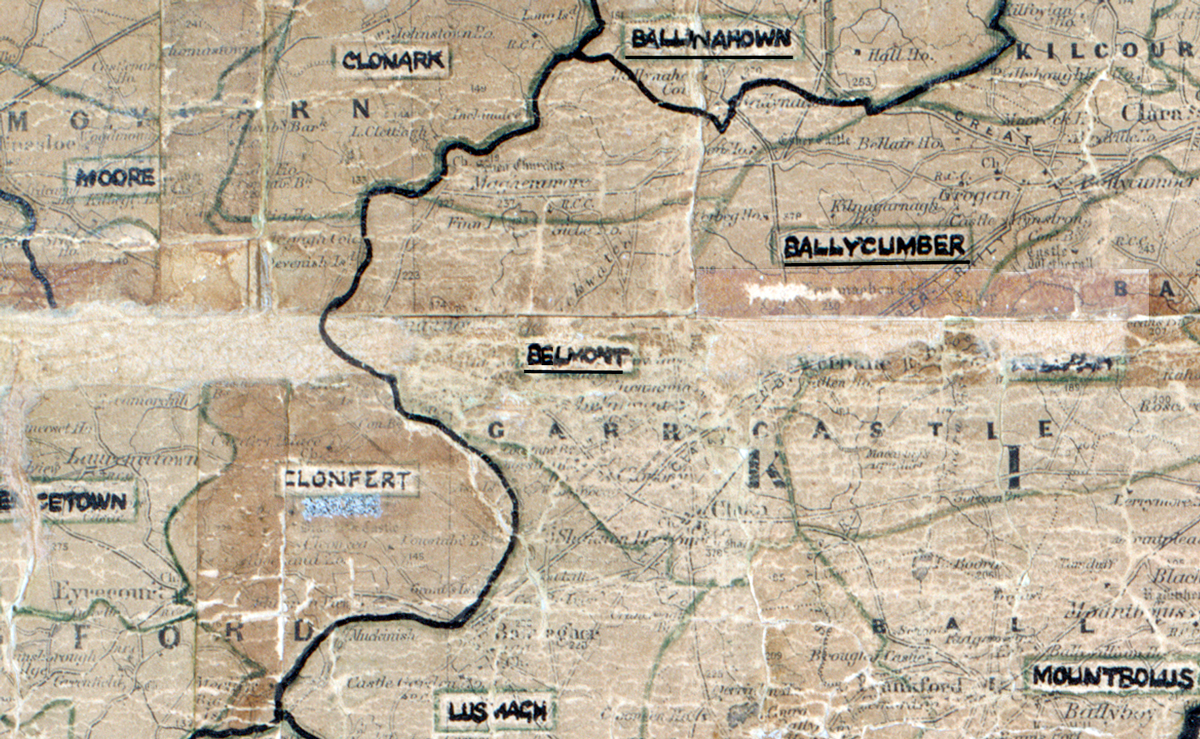 A scanned, worn historical map from the 1940s of the  rural electrification area around Belmont. A  hand‑drawn boundary outlines the region.