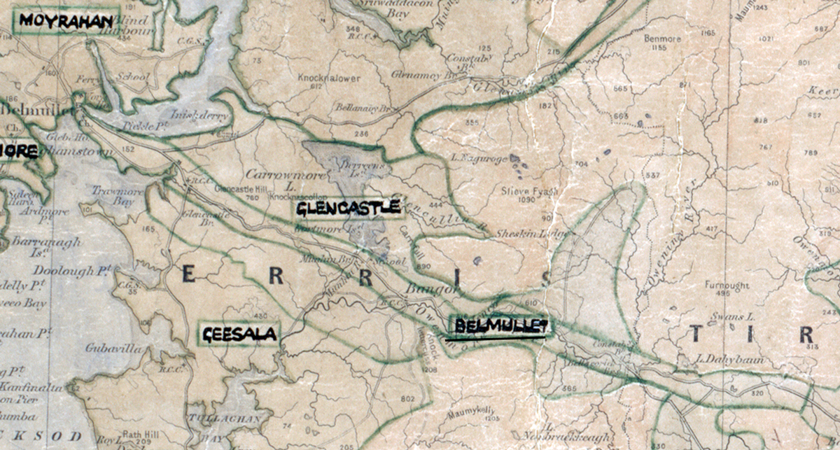 A scanned, worn historical map from the 1940s of the rural electrification area around Belmullet.