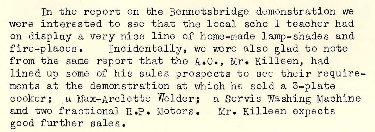 A segment of a scanned page from the ESB REO magazine about the Bennetsbridge Rural Area