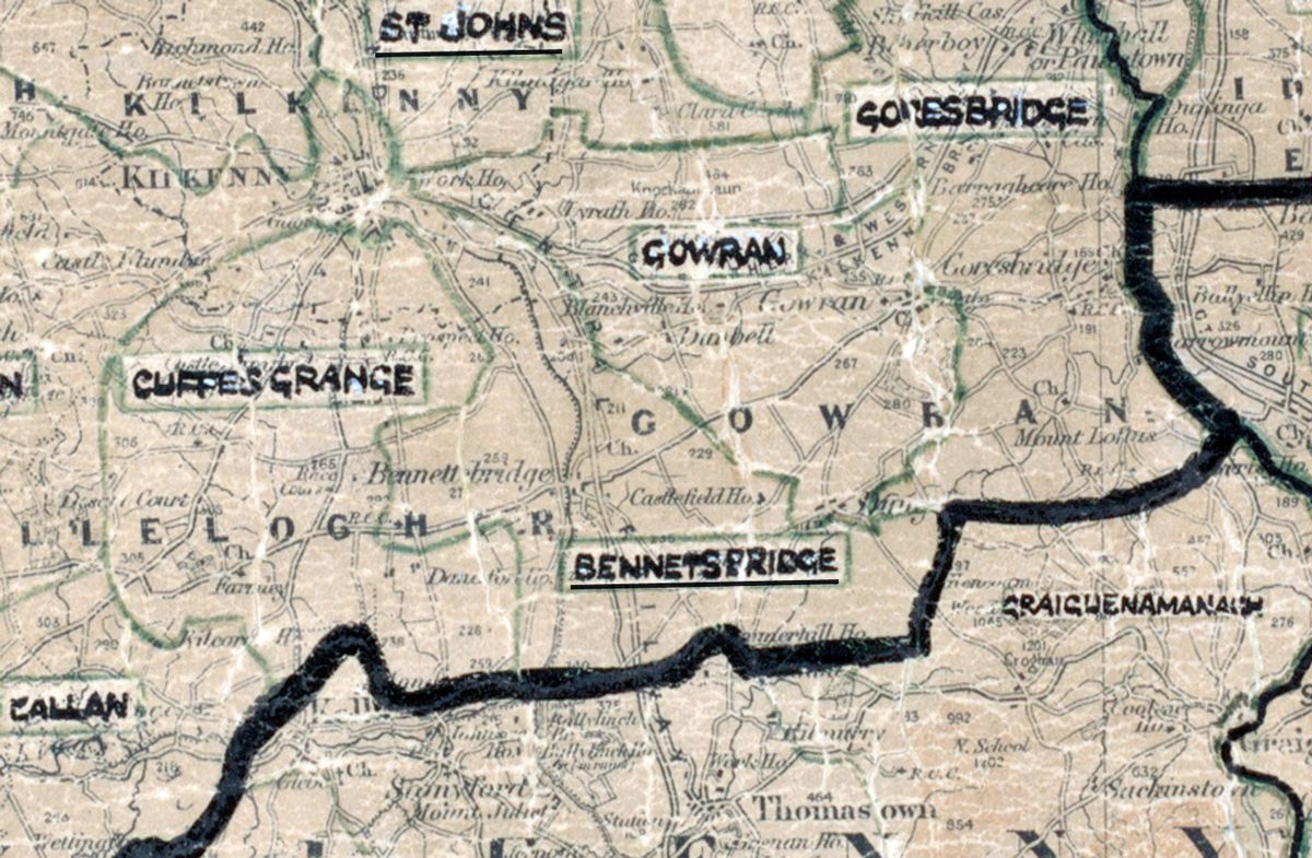 A scanned, worn historical map from the 1940s of the rural electrification area around Bennettsbridge. A hand‑drawn boundary outlines the region, including St Johns.