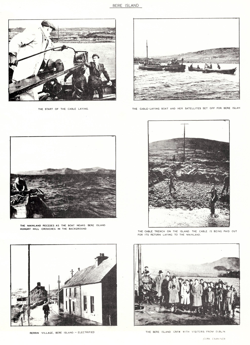 Page containing six photographs documenting the installation of an electricity supply cable to Bere Island, including cable-laying operations, island electrification works, and local residents in an electrified village.