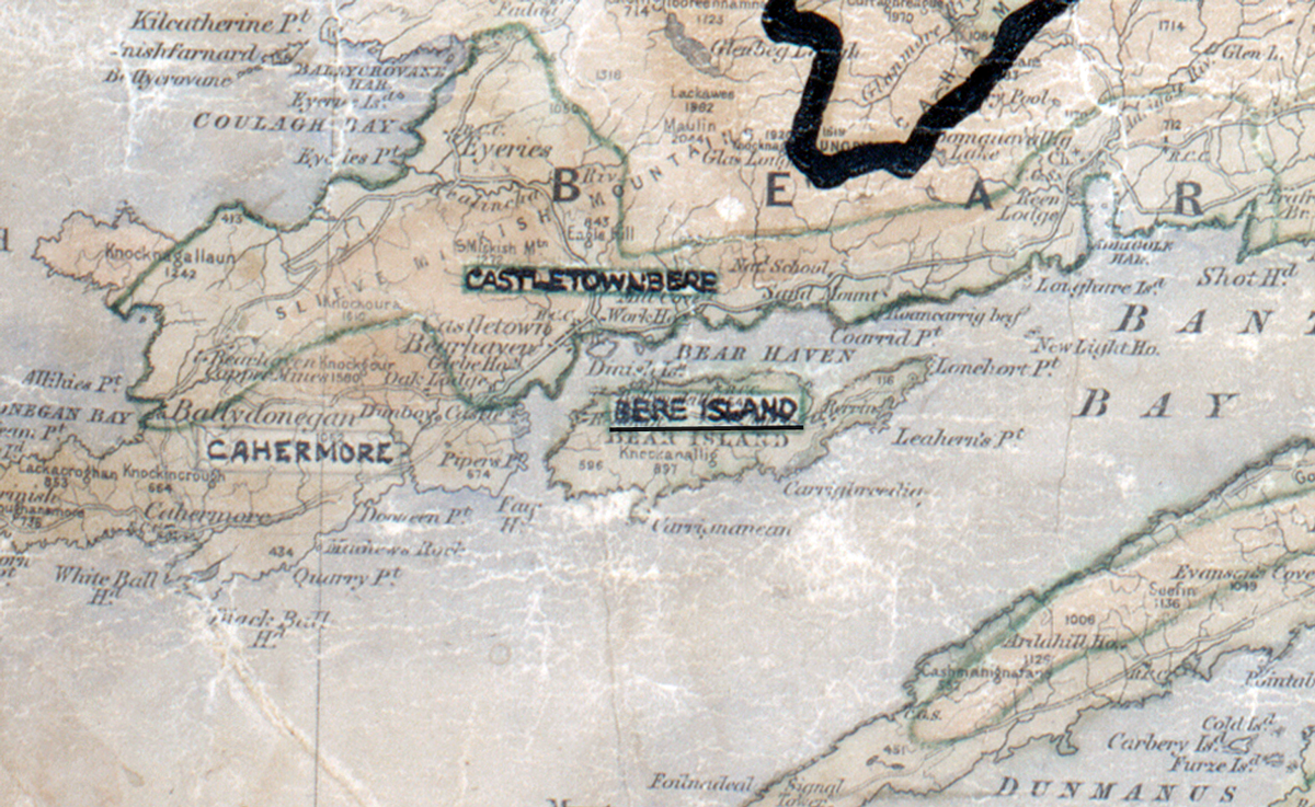 Map extract showing rural electrification areas on the Beara Peninsula in County Cork, including Castletownbere, Bere Island and Cahermore.