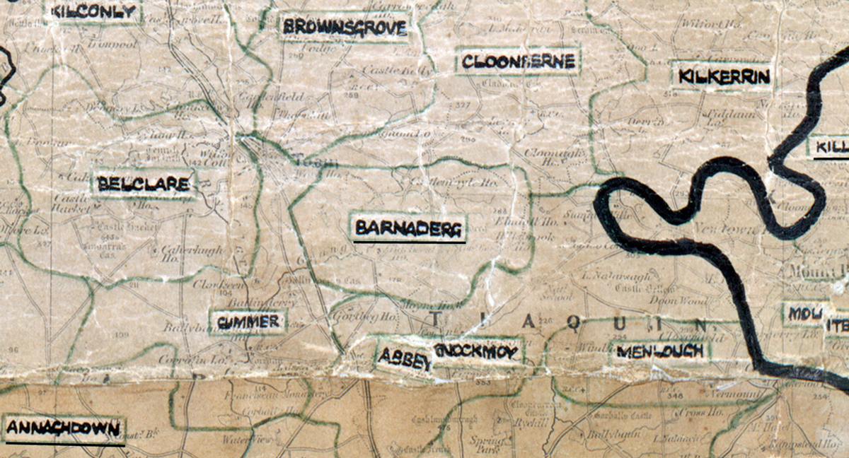 A scanned, worn historical map from the 1940s of the  rural electrification area around Bernaderg. A  hand‑drawn boundary outlines the region.
