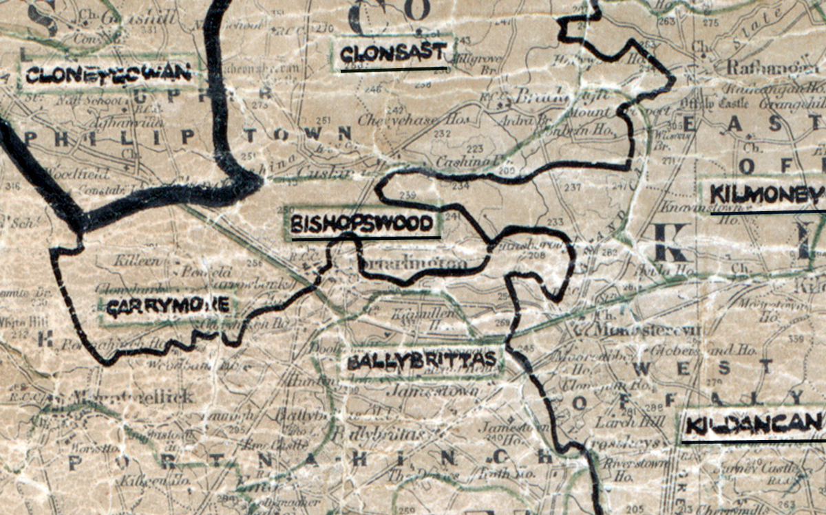 A scanned, worn historical map from the 1940s of the  rural electrification area around Bishopswood. A  hand‑drawn boundary outlines the region