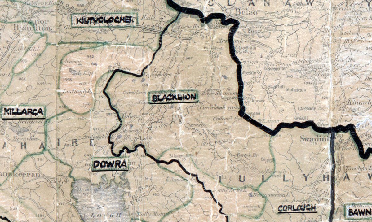 A scanned, worn historical map from the 1940s of the  rural electrification area around Blacklion. A  hand‑drawn boundary outlines the region.