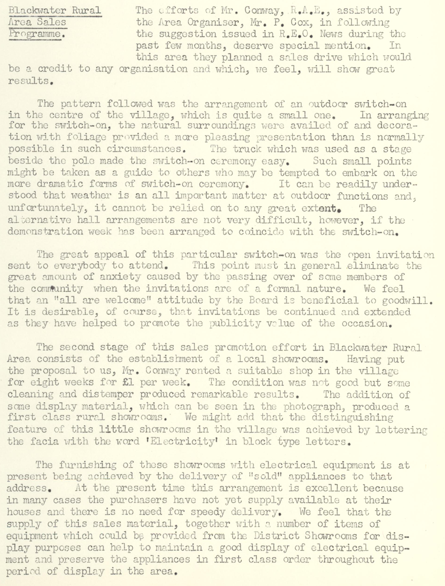Article describing a sales and publicity programme in the Blackwater rural area, including a switch-on ceremony, community engagement activities and the establishment of a local electricity showroom.