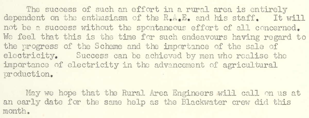 Typed extract discussing the importance of local support and enthusiasm for the success of rural electrification schemes and the promotion of electricity in agriculture.