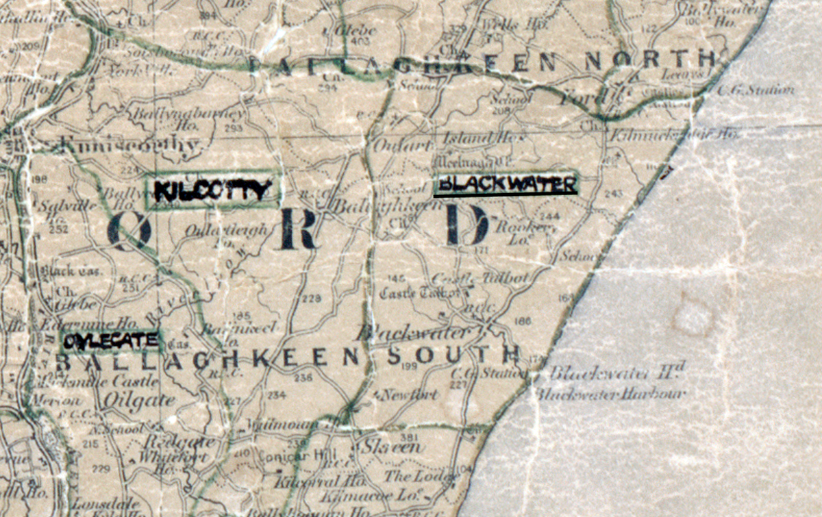 Map extract showing rural electrification areas in County Wexford, including Kilcotty, Blackwater and Oylegate.