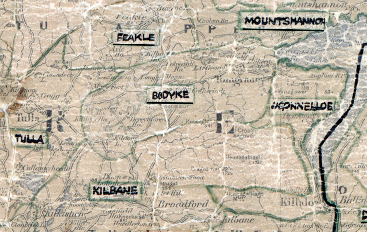A scanned, worn historical map from the 1940s of the rural electrification area around Bodyke. A hand‑drawn boundary outlines the region, including Feakle, Tulla, Kilbane, Mountshannon, and O’Connelloe.