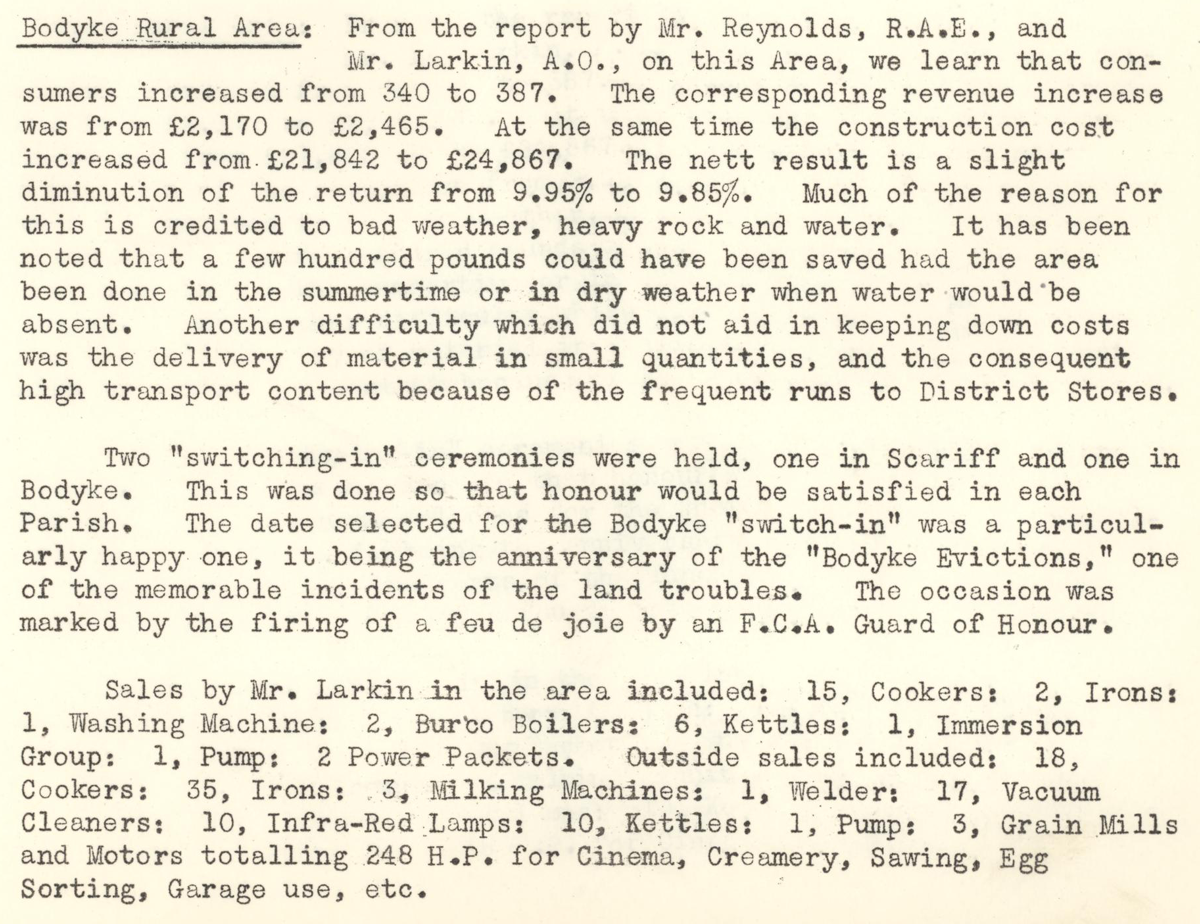 A scanned page from the ESB REO magazine about the Bodyke Rural Area