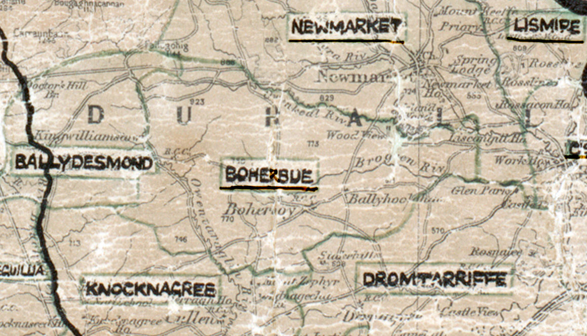 A scanned, worn historical map from the 1940s of the  rural electrification area around Boherbue. A hand‑drawn boundary outlines the region, including Newmarket, Lismire, Ballydesmond, Knocknagree and Dromtarriffe.
