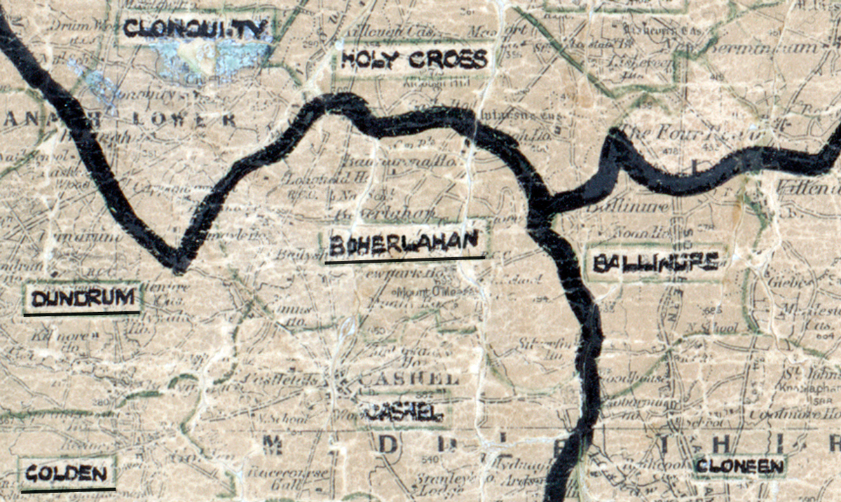 “A scanned, worn historical map from the 1940s of the rural electrification area around Boherlahan. A hand‑drawn boundary outlines the region, including Dundrum.