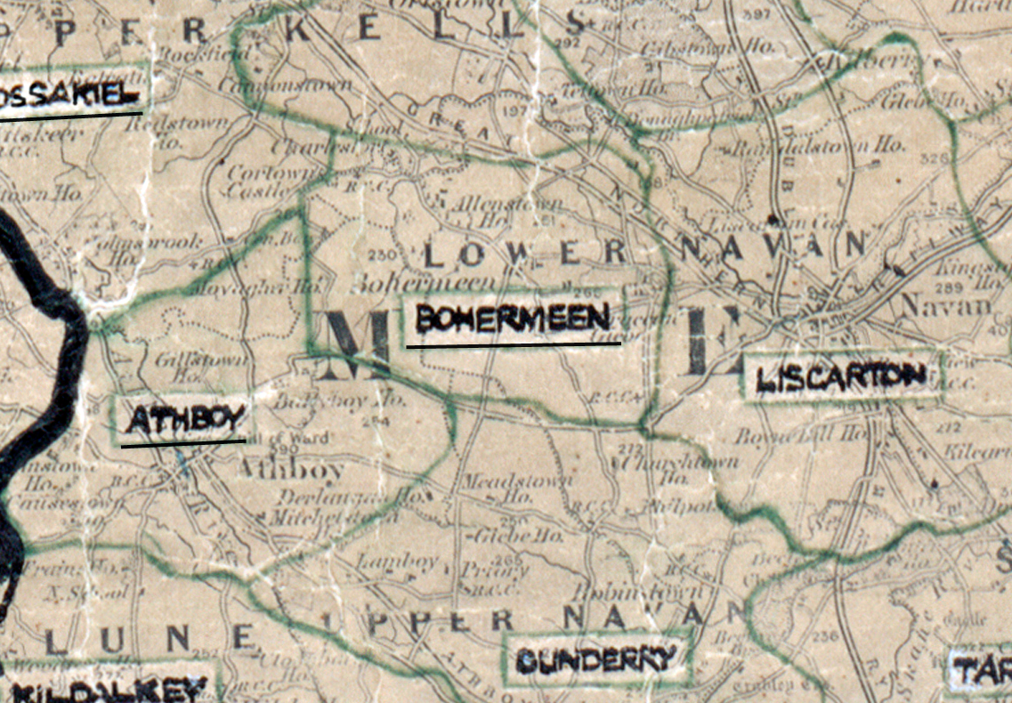 A scanned, worn historical map from the 1940s of the  rural electrification area around Bohermeen. A hand‑drawn boundary outlines the region, including Athboy, Liscarton, Dunderry and Kildalkey.