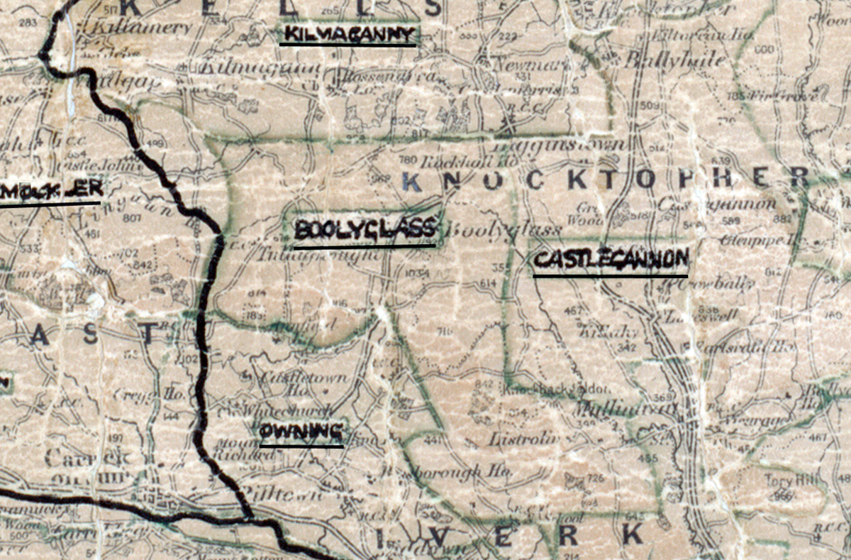 A scanned, worn historical map from the 1940s of the rural electrification area around Boolyglass. A hand‑drawn boundary outlines the region, including Castlegannon.