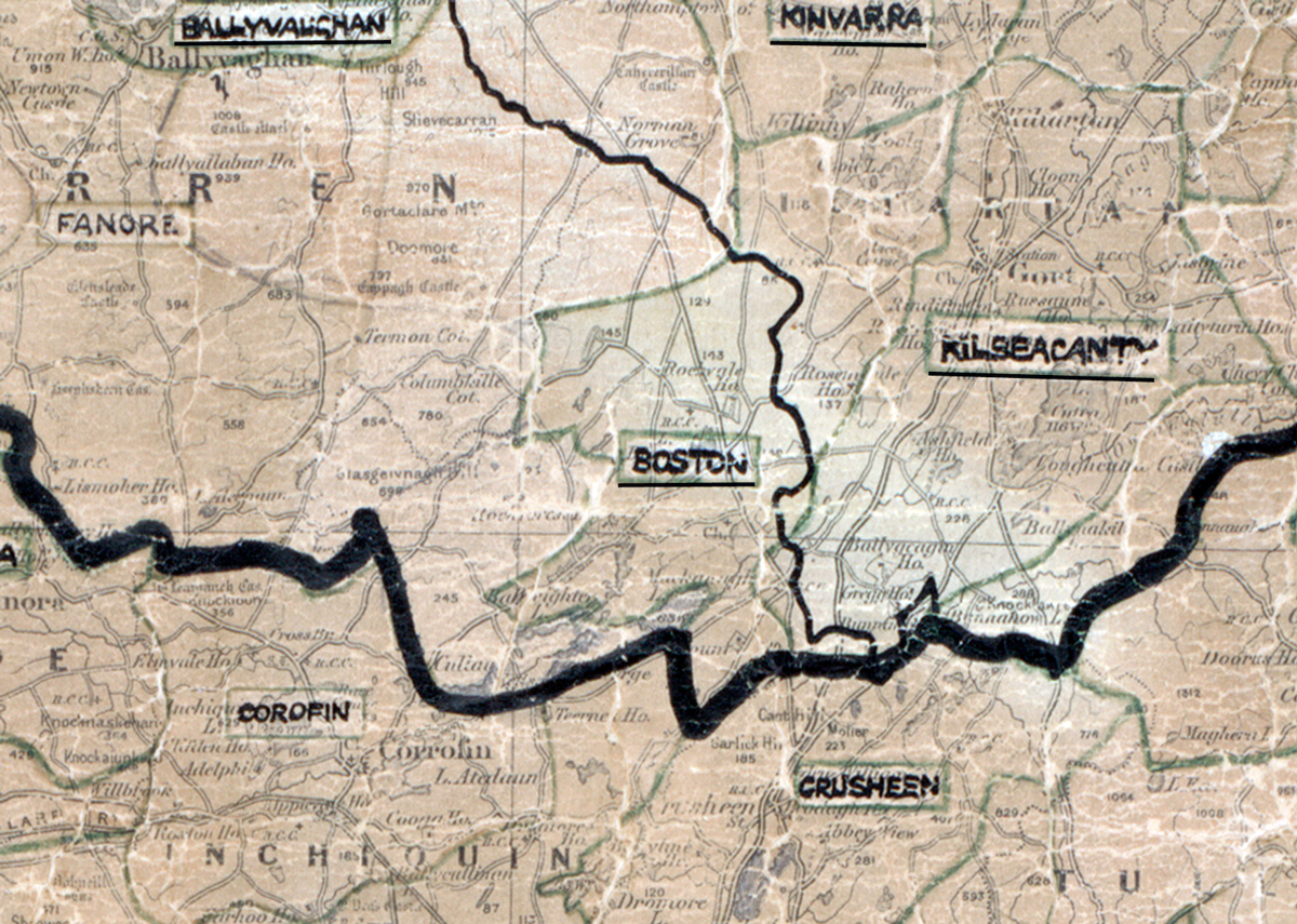 A scanned, worn historical map from the 1940s of the rural electrification area around Boston. A hand‑drawn boundary outlines the region, including Ballyvaughan, Fanore, Corofin, Crusheen, Kilbeacanty, and Kinvara.