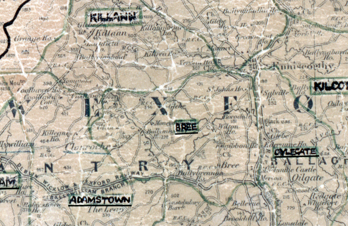 A scanned, worn historical map from the 1940s of the rural electrification area around Bree. A hand‑drawn boundary outlines the region, including Adamstown and oylegate.