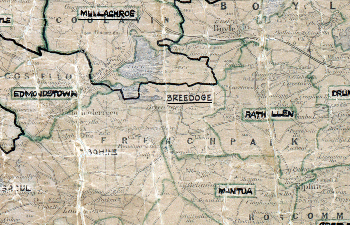 A scanned, worn historical map from the 1940s of the  rural electrification area around Breedoge. A hand‑drawn boundary outlines the region, including Mullaghroe, Edmondstown, Rathollen and Mantua.