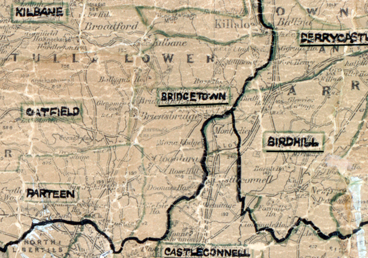“A scanned, worn historical map from the 1940s of the rural electrification area around Bridgetown. A hand‑drawn boundary outlines the region, including Oatfield, Parteen and Birdhill.