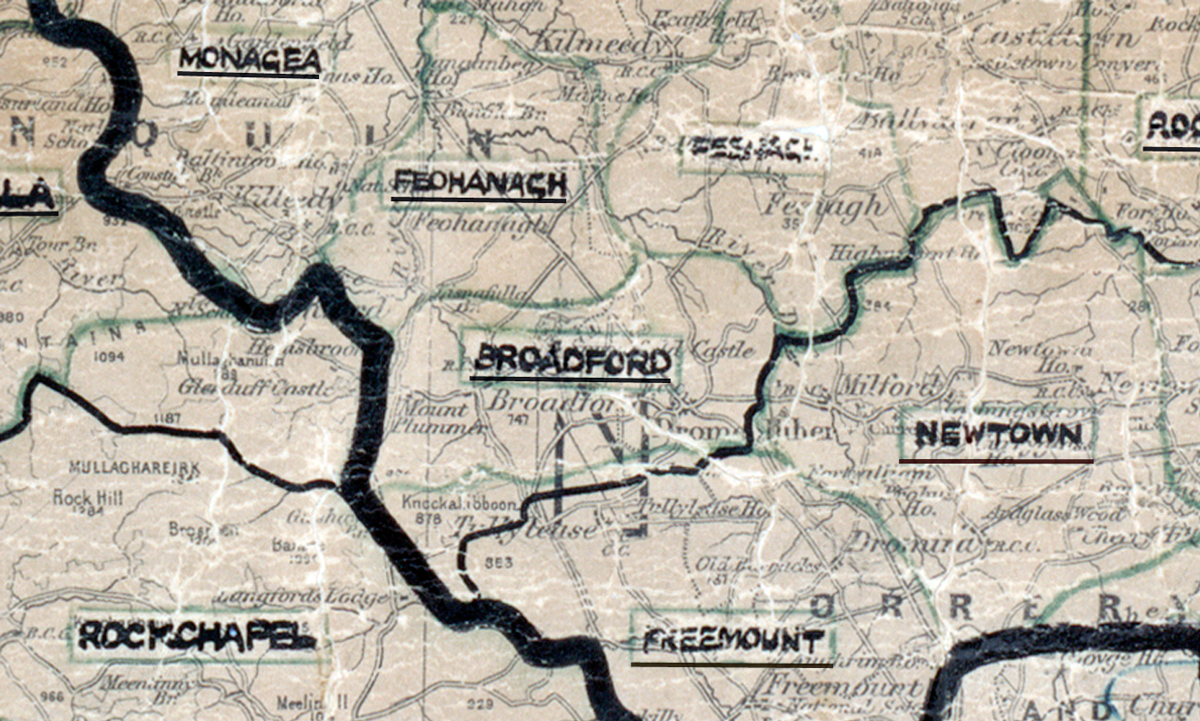 A scanned, worn historical map from the 1940s of the  rural electrification area around Broadford. A  hand‑drawn boundary outlines the region.