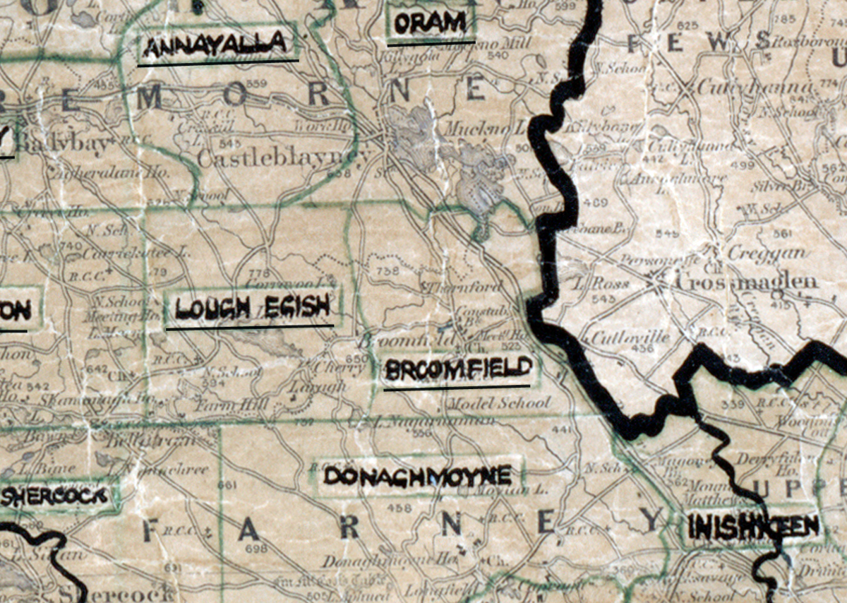 “A scanned, worn historical map from the 1940s of the rural electrification area around Broomfield. A hand‑drawn boundary outlines the region, including Lough Egish and Oram.