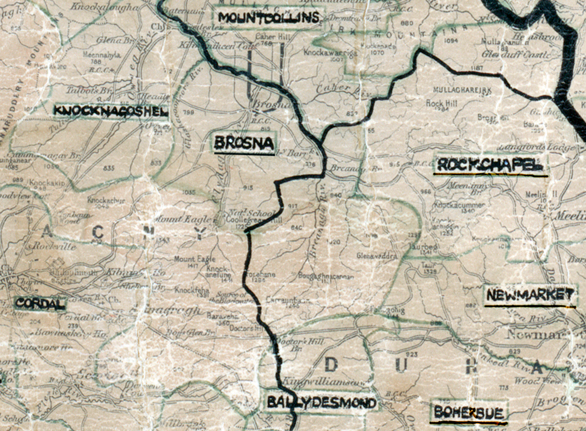 A scanned, worn historical map from the 1940s of the  rural electrification area around Brosna. A hand‑drawn boundary outlines the region, including Mountoollins, Knocknagoshel, Rockchapel and Newmarket.