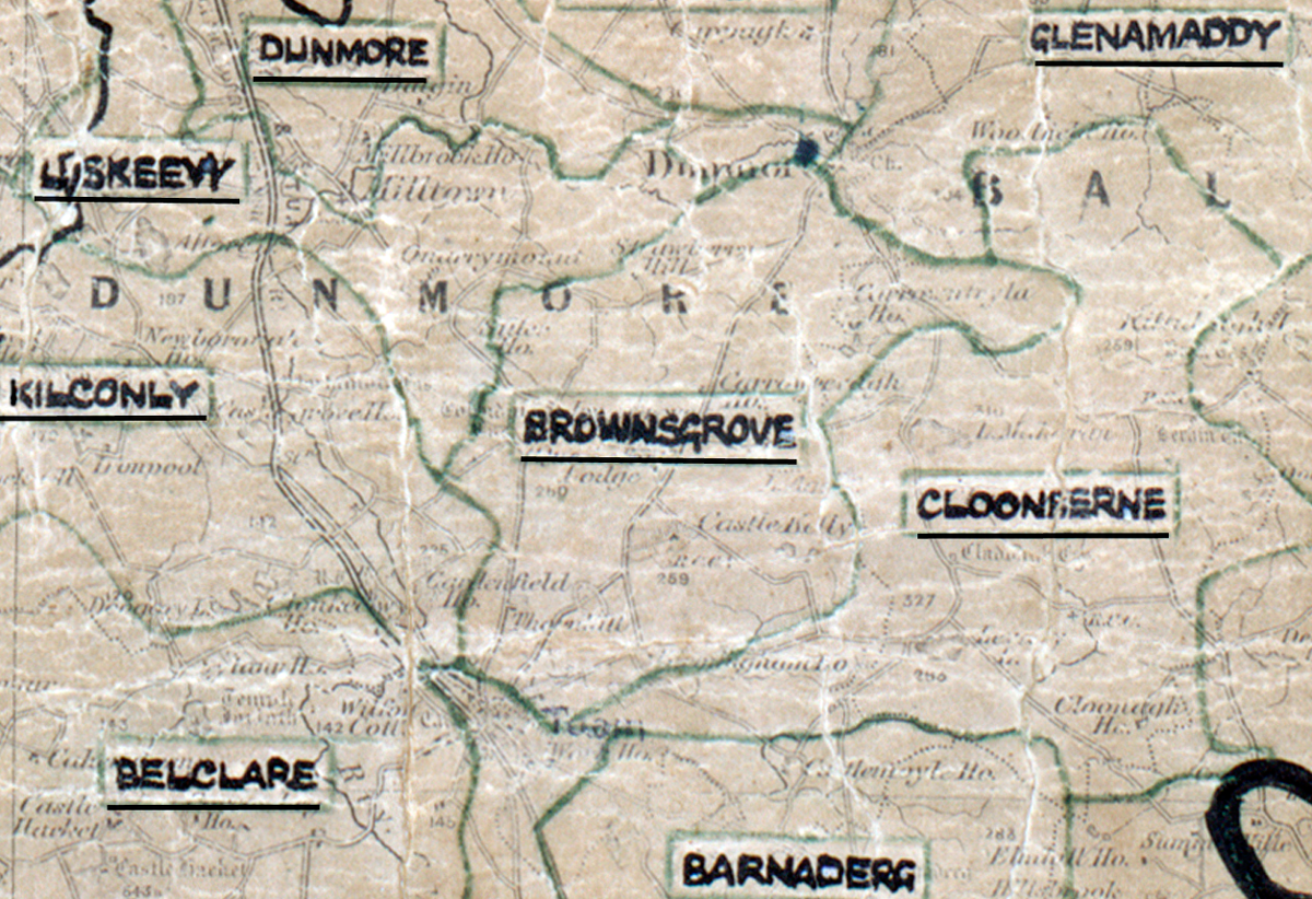 A scanned, worn historical map from the 1940s of the  rural electrification area around Brownsgrove. A  hand‑drawn boundary outlines the region.
