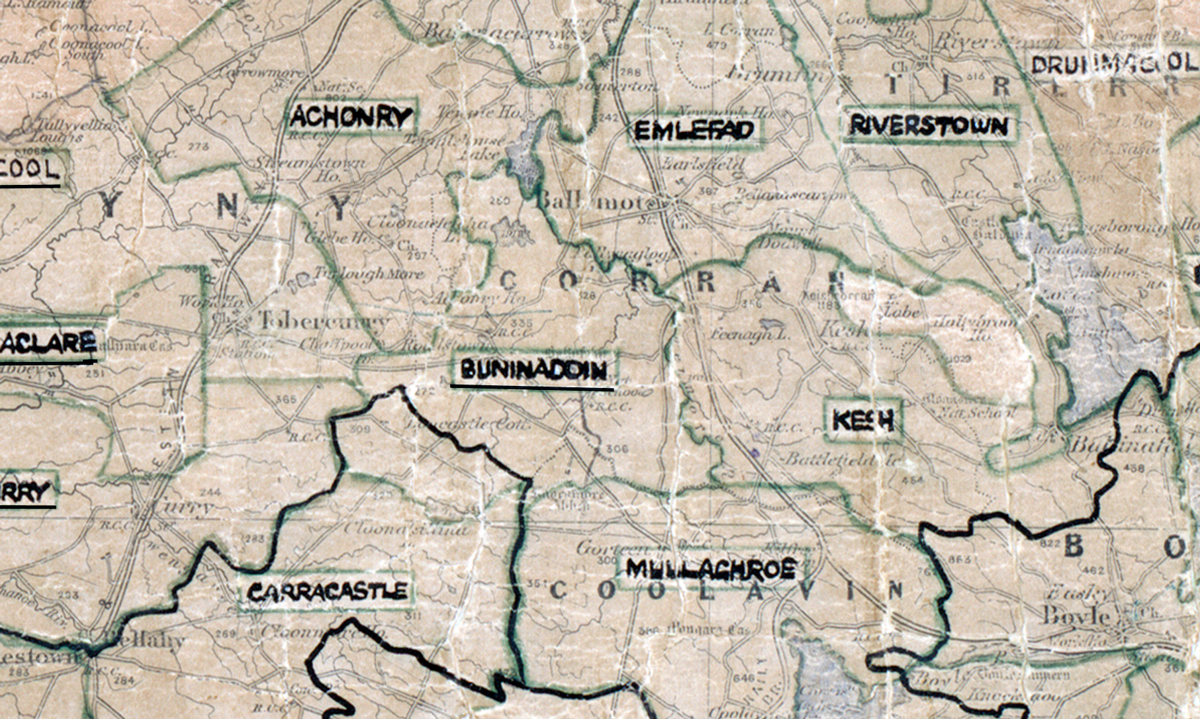 A scanned, worn historical map from the 1940s of the  rural electrification area around Bunninadden. A hand‑drawn boundary outlines the region, including Achonry, Emlefad, Riverstown, Aclare, Carracastle, Kesh and Mullaghroe.