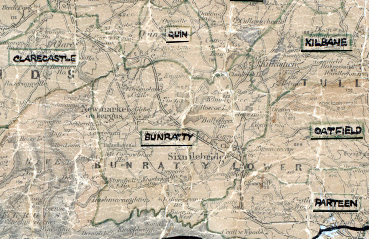 A scanned, worn historical map from the 1940s of the rural electrification area around Bunratty. A hand‑drawn boundary outlines the region, including Oatfield and Quin.