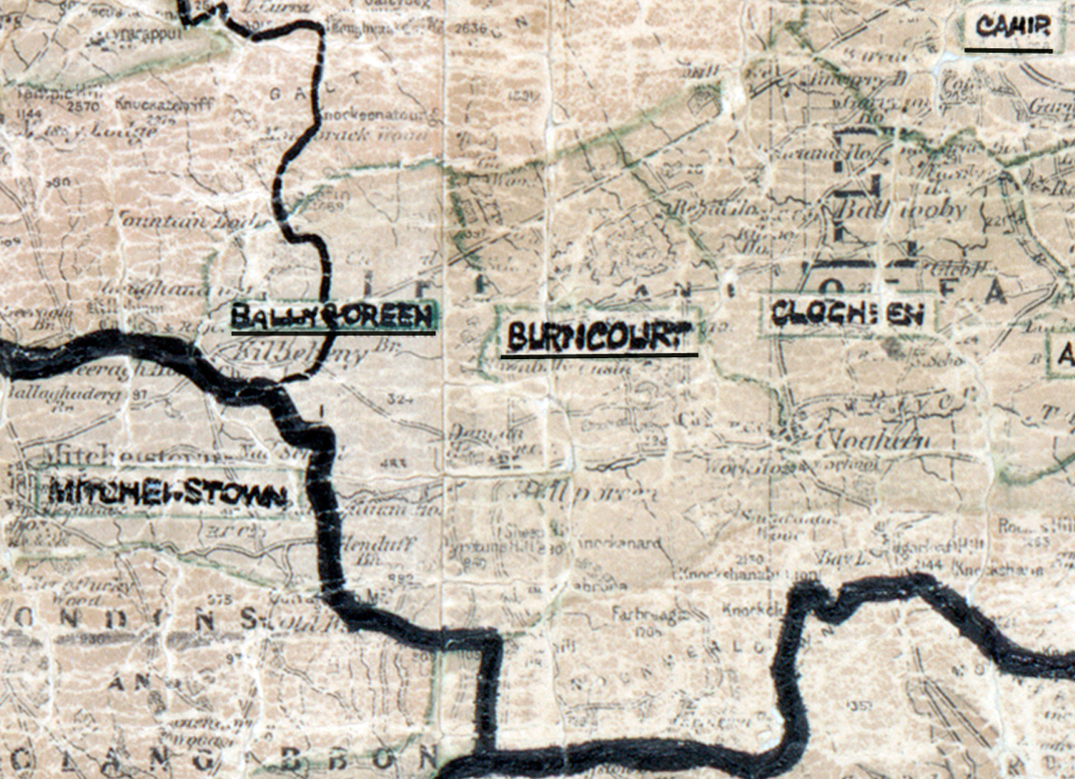 “A scanned, worn historical map from the 1940s of the rural electrification area around Burncourt. A hand‑drawn boundary outlines the region, including Ballygoreen.