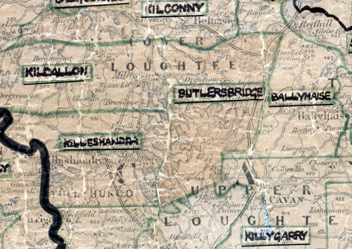 A scanned, worn historical map from the 1940s of the  rural electrification area around Butlersbridge. A  hand‑drawn boundary outlines the region.