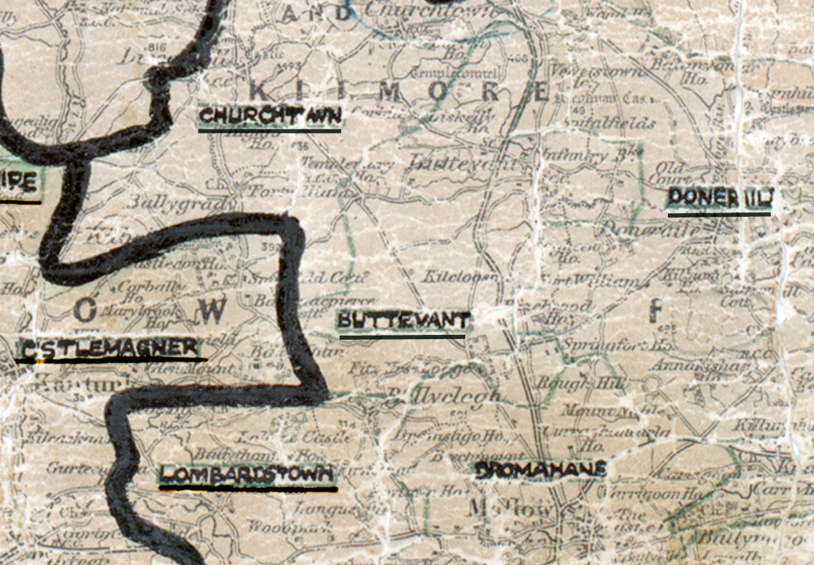 A scanned, worn historical map from the 1940s of the  rural electrification area around  Buttevant. A hand‑drawn boundary outlines the region, including Churchtown, Doneraile, Lombardstown and Dromahane.