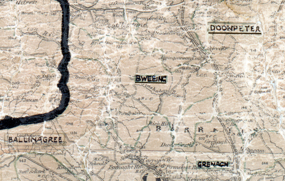 A scanned, worn historical map from the 1940s of the  rural electrification area around  Bweeng. A hand‑drawn boundary outlines the region, including Doonpeter, Ballinagree and Grenagh.