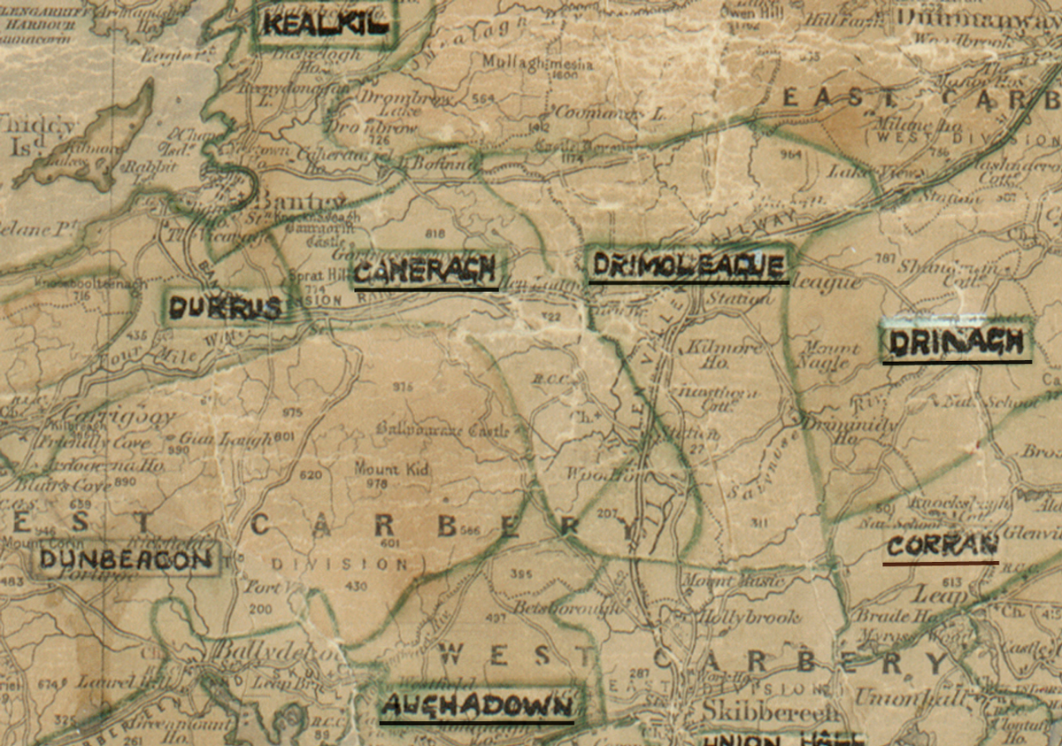 A scanned, worn historical map from the 1940s of the  rural electrification area around Caheragh. A hand‑drawn boundary outlines the region, including Kealkil, Durrus, Drimoleague, Drinagh, Dunbeacon, Corran, and Aughadown.