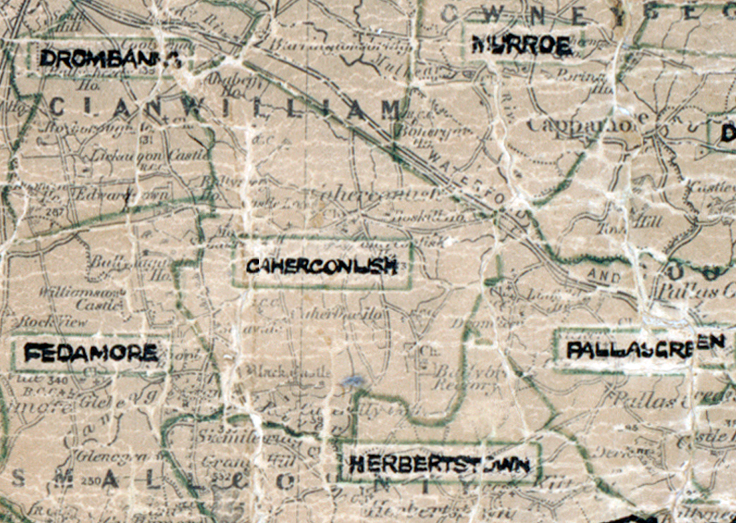 A scanned, worn historical map from the 1940s of the  rural electrification area around Caherconlish. A  hand‑drawn boundary outlines the region.