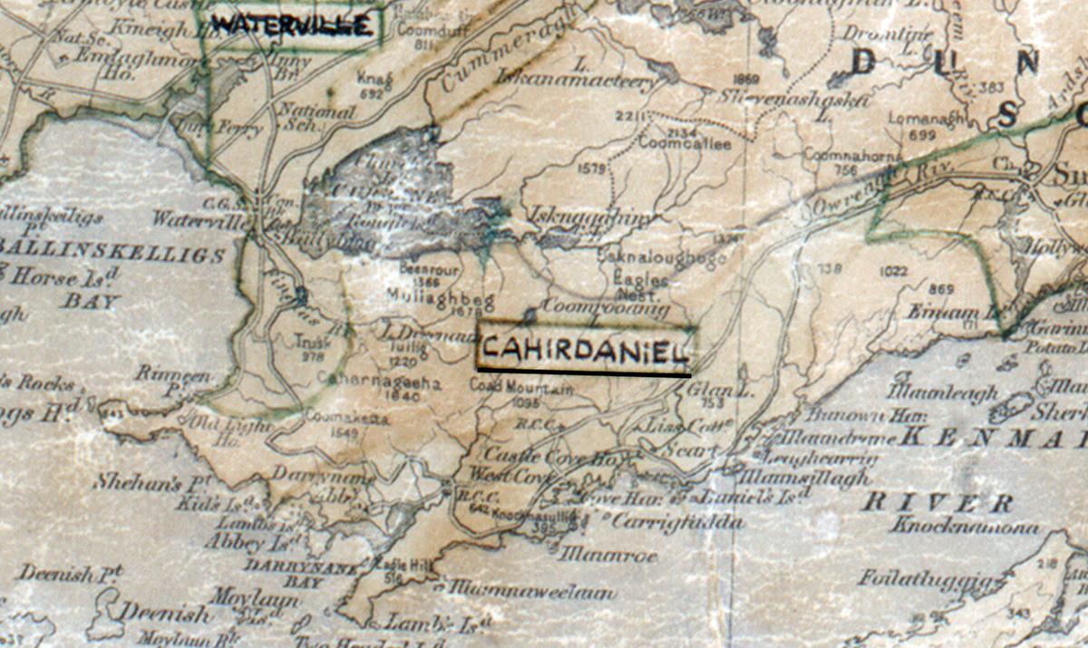 A scanned, worn historical map from the 1940s of the  rural electrification area around  Caherdaniel. A hand‑drawn boundary outlines the region, including Waterville.