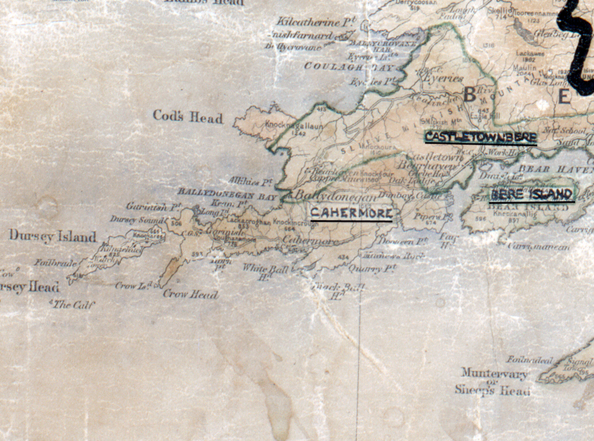 A scanned, worn historical map from the 1940s of the  rural electrification area around Cahermore. A hand‑drawn boundary outlines the region, including Castletownbere and Bere Island.