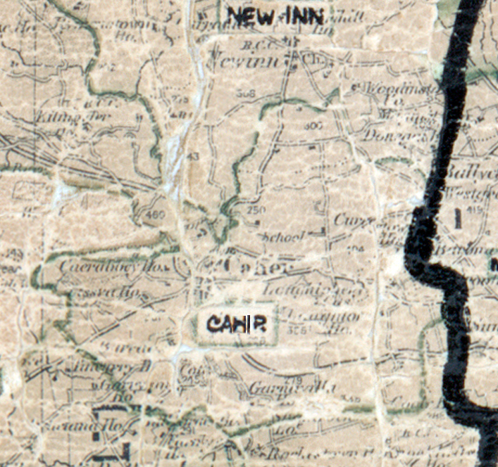 Map extract showing rural electrification areas in County Tipperary, including New Inn and Caher, with area boundaries marked on the landscape.
