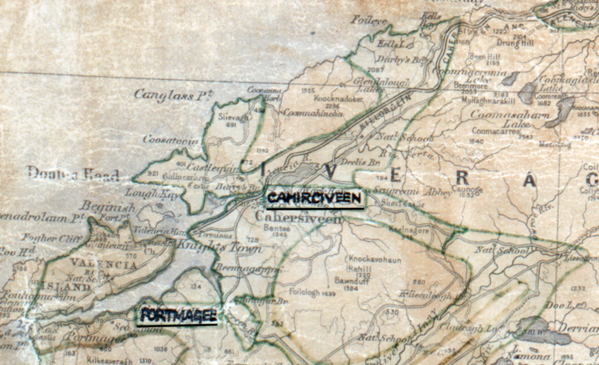 A scanned, worn historical map from the 1940s of the  rural electrification area around  Cahirciveen. A hand‑drawn boundary outlines the region, including Portmagee.