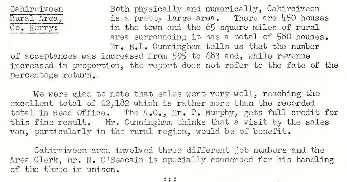 A scanned page from the ESB REO magazine about the Cahirciveen Rural Area.