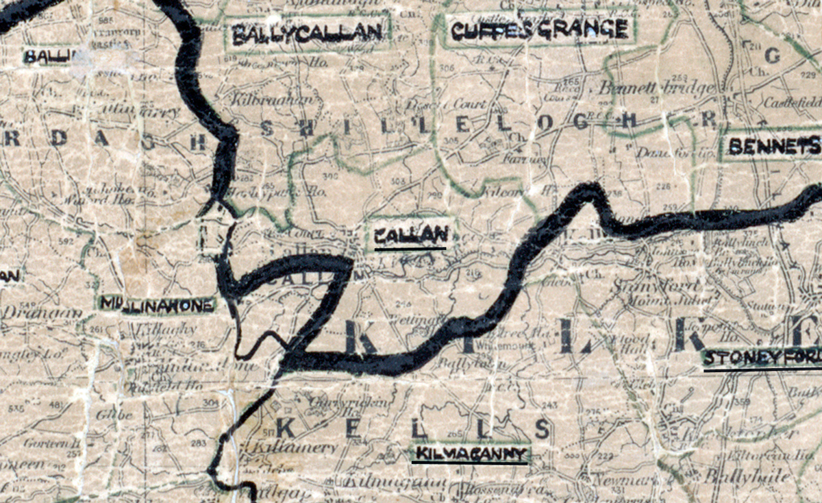 “A scanned, worn historical map from the 1940s of the rural electrification area around Callan. A hand‑drawn boundary outlines the region, including Ballycallan.