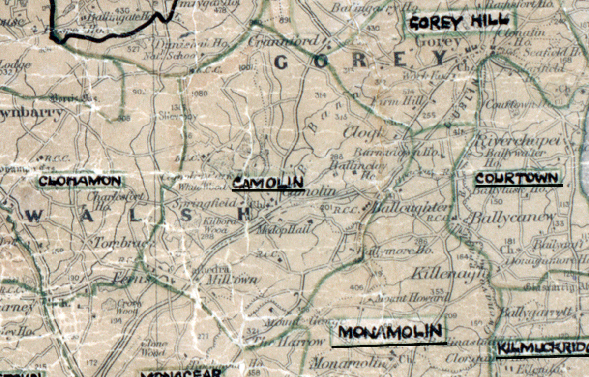 “A scanned, worn historical map from the 1940s of the rural electrification area around Camolin. A hand‑drawn boundary outlines the region, including Courtown and Gorey Hill.