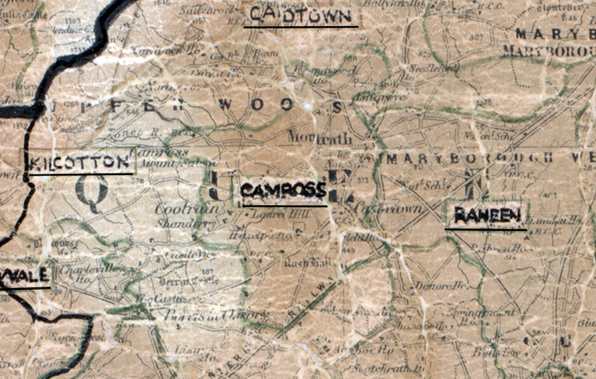 A scanned, worn historical map from the 1940s of the  rural electrification area around  Camross. A hand‑drawn boundary outlines the region, including Kilcotton, Cardtown and Raheen.