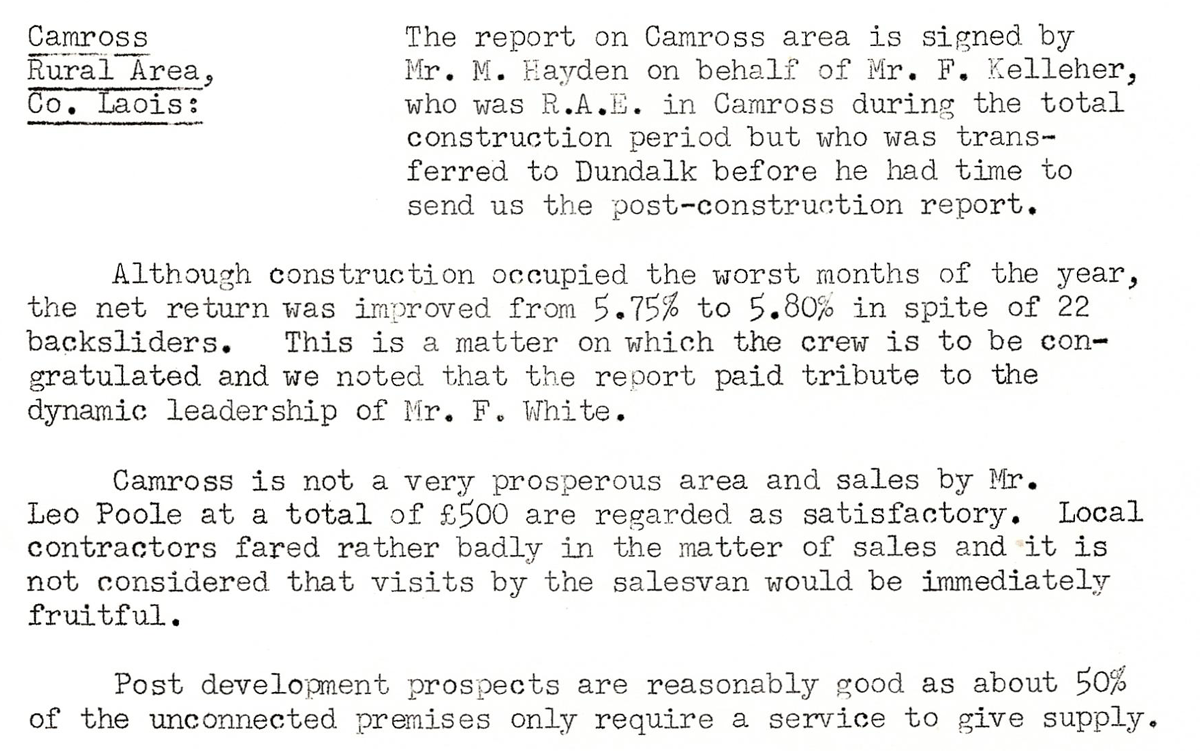 A scanned page from the ESB REO magazine about the Camross Rural Area.